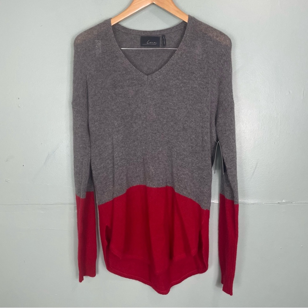 Line Knitwear Sweater Pullover Long Sleeve Women Large Gray Red 100% Cashmere‎